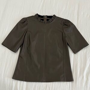 SALE Ann Taylor Faux Leather Top in Mocha | Ruffled Neckline